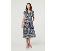Izabel London Printed Cap Sleeve Shirred Midi Dress - 12 - Navy