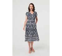 Izabel London Printed Cap Sleeve Shirred Midi Dress for Women UK with a v-Neck, Buttons and a Smocked Waist. Navy