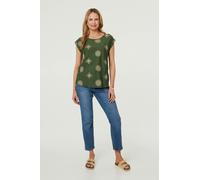 Izabel London Women's Printed Cap Sleeve Slim Relaxed Top in Khaki | Size: 14