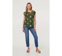 Izabel London Printed Cap Sleeve Slim Relaxed Top - 10 - Khaki