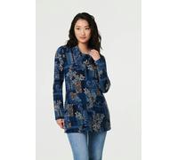 Izabel London Printed Cowl Neck Long Sleeve Tunic Top For Women UK with front pockets and a thigh length hem. Blue