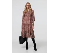 Izabel London Printed Empire Tiered Midi Smock Dress for Women UK with Puff Sleeves and semi Sheer Materials.