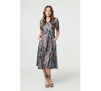 Izabel London Printed Faux Wrap Front Jersey Midi Dress In Beige Beige 12