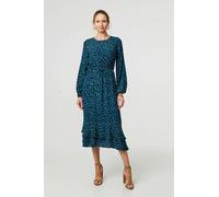 Izabel London Printed Flare Sleeve Ruffled Midi Dress - Green - 10