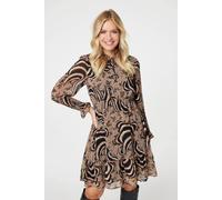 Izabel London Printed Frill Neck Short Dress for Women UK with Frilled tie-Neck, Long Sleeves and Short Length Hem. Beige