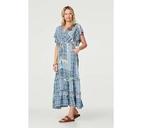 Izabel London Printed Frill Sleeve Maxi Dress In Blue Blue 14