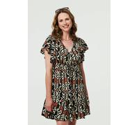 Izabel London Printed Frilled Sleeve Short Dress - Black - M/L