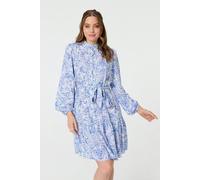 Izabel London Printed High Neck Short Shirt Dress for Women UK with Long Sleeves, a tie Waist and Pockets. Blue
