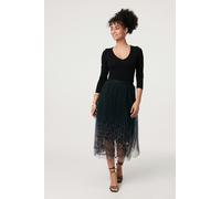 Izabel London Printed High Waist Mesh Layered Midi Skirt for Women UK with a semi Sheer Texture and midi Length. Black