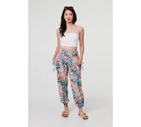 Izabel London Printed High Waist Shirred Harem Pants In Blue Blue 18