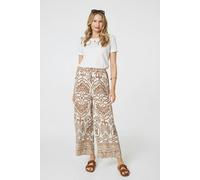 Izabel London Printed High Waist Wide Leg Trousers for Women UK with Elasticated Waist, Pockets and tie Front. Beige