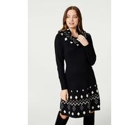 Izabel London Printed Knit Skater Dress for Women UK with Round Neck, Long Sleeves and Short Length Skirt. Black