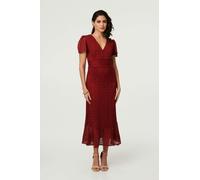 Izabel London Printed Lace Texture Slim Midi Dress for Women UK with a v-Neck, Short Sleeves and a Layered Hem.