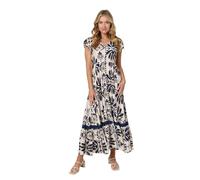 Izabel London Printed Lace Trim Cap Sleeved Maxi Dress for Women UK with Buttons, a v-Neck and a Shirred Waist.