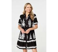 Izabel London Printed Lace Trim Relaxed Short Shirt Dress - Black - 8