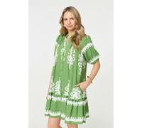 Izabel London Printed Lace Trim Relaxed Short Shirt Dress - Green - 12
