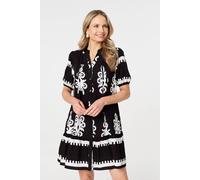 Izabel London Printed Lace Trim Relaxed Short Shirt Dress - Black - 14