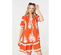 Izabel London Printed Lace Trim Relaxed Short Shirt Dress - Orange - 14