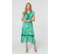 Izabel London Printed Lace Trim Tiered Midi Dress - 18 - Green