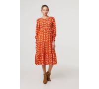 Izabel London Printed Long Puff Sleeve Midi Smock Dress for Women UK with a Shirred top and a Tiered Skirt.