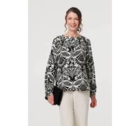 Izabel London Printed Long Sleeve Button Front Blouse In Black Black 14