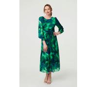 Izabel London Printed Long Sleeve Chiffon Midi Dress for Women UK with a Round Neck and a self-tie Belt.