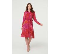 Izabel London Printed Long Sleeve Collared Midi Dress In Pink Pink 18