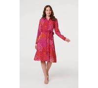 Izabel London Printed Long Sleeve Collared Midi Dress In Pink Pink 18