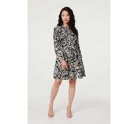 Izabel London Printed Long Sleeve Knee Length Dress for Women UK with a high Neck, a Skater Shape and Buttons. Black