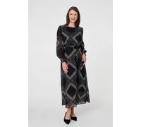 Izabel London Printed Long Sleeve Maxi Dress With Belt In Black Black 8