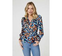 Izabel London Printed Long Sleeve Peplum Blouse - Navy - 10
