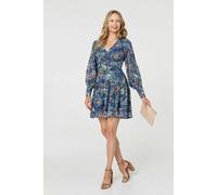 Izabel London Women's Printed Long Sleeve Pleated Short Dress in Blue | Size: 14 Izabel London Blue 14