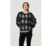 Izabel London Printed Long Sleeve Relaxed Top - Black - L