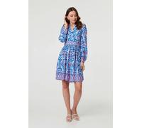 Izabel London Printed Long Sleeve Shirred Short Dress In Blue Blue 10