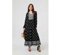 Izabel London Printed Long Sleeve Smocked Maxi Dress - 16 - Black