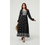 Izabel London Printed Long Sleeve Smocked Maxi Dress - 18 - Black