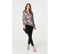 Izabel London Printed Long Sleeve V-Neck Tunic Blouse - Coral - 8