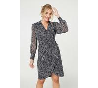Izabel London Printed Long Sleeve Wrap Front Short Dress for Women UK with v-Neck, Collar and Knee Length fit. Black