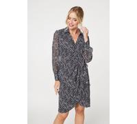 Izabel London Printed Long Sleeve Wrap Front Short Dress for Women UK with v-Neck, Collar and Knee Length fit. Black