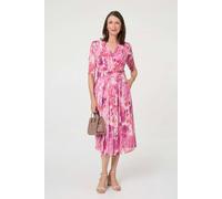 Izabel London Printed Mesh Layer Pleat Wrap Midi Dress - 8 - Pink