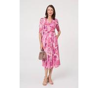Izabel London Printed Mesh Layer Pleat Wrap Midi Dress In Pink Pink