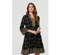 Izabel London Women's Printed Metallic Trim Knee Length Dress in Black | Size: 8