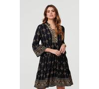 Izabel London Women's Printed Metallic Trim Knee Length Dress in Black | Size: 8 Izabel London Black 8