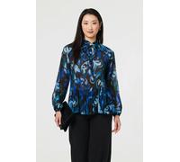 Izabel London Women's Printed Pleated Long Sleeve Tunic Blouse in Blue | Size: 8 Izabel London Blue 8