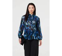 Izabel London Printed Pleated Long Sleeve Tunic Blouse In Blue Blue 10