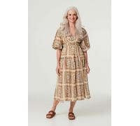 Izabel London Printed Puff 1/2 Sleeve Midi Dress - Rust - 8