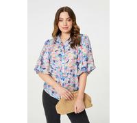 Izabel London Printed Puff Sleeve Collared Shirt - Blue - 10