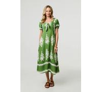 Izabel London Printed Puff Sleeve Tie Front Midi Dress - Green - 14