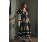 Izabel London Printed Puff Sleeve Tie Front Midi Dress In Black Black