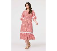 Izabel London Printed Relaxed Lace Trim Midi Dress In Red Red 12